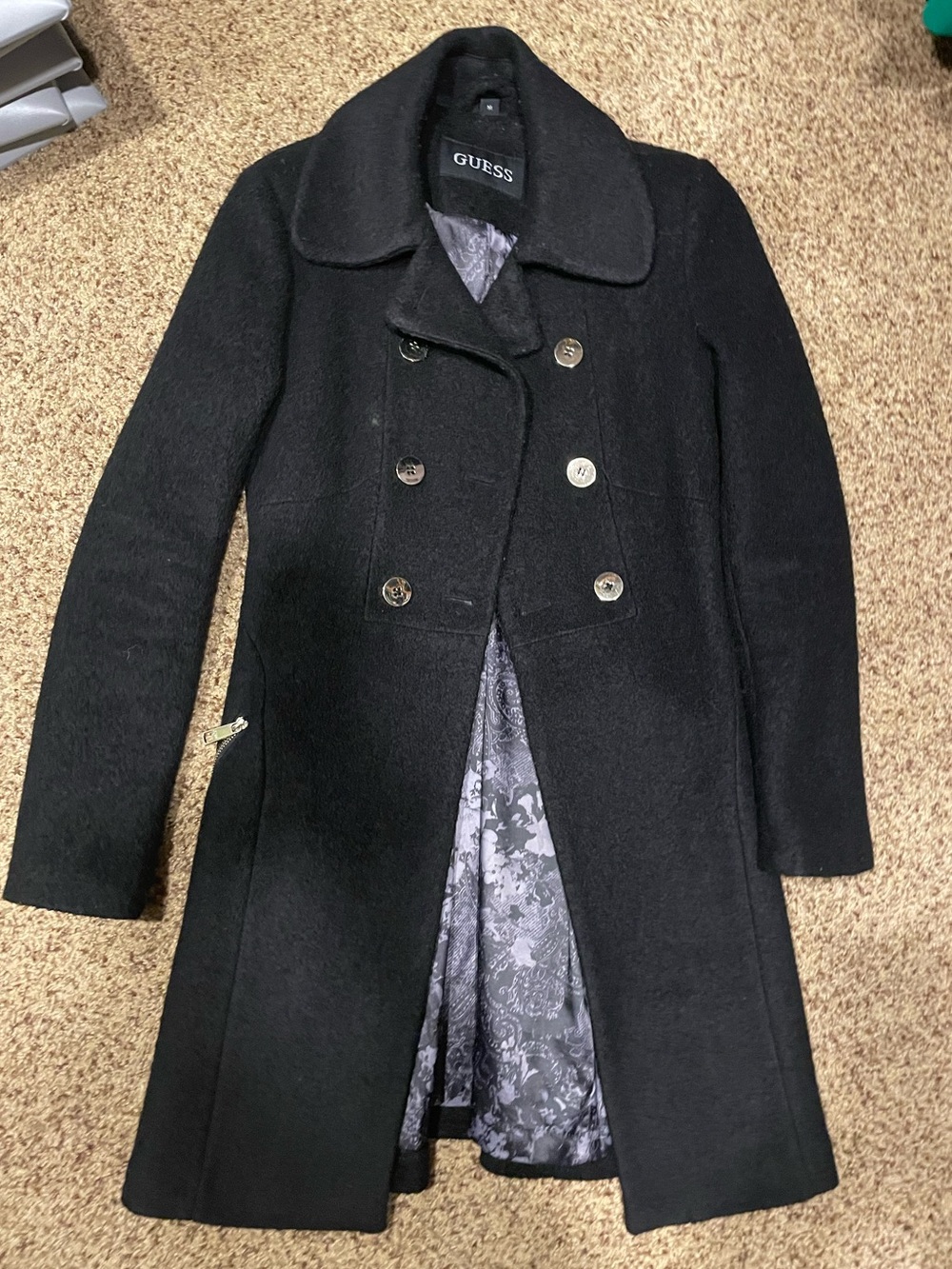 GUESS Black Double-Breasted Pea Coat with Patterned Lining women’s Medium